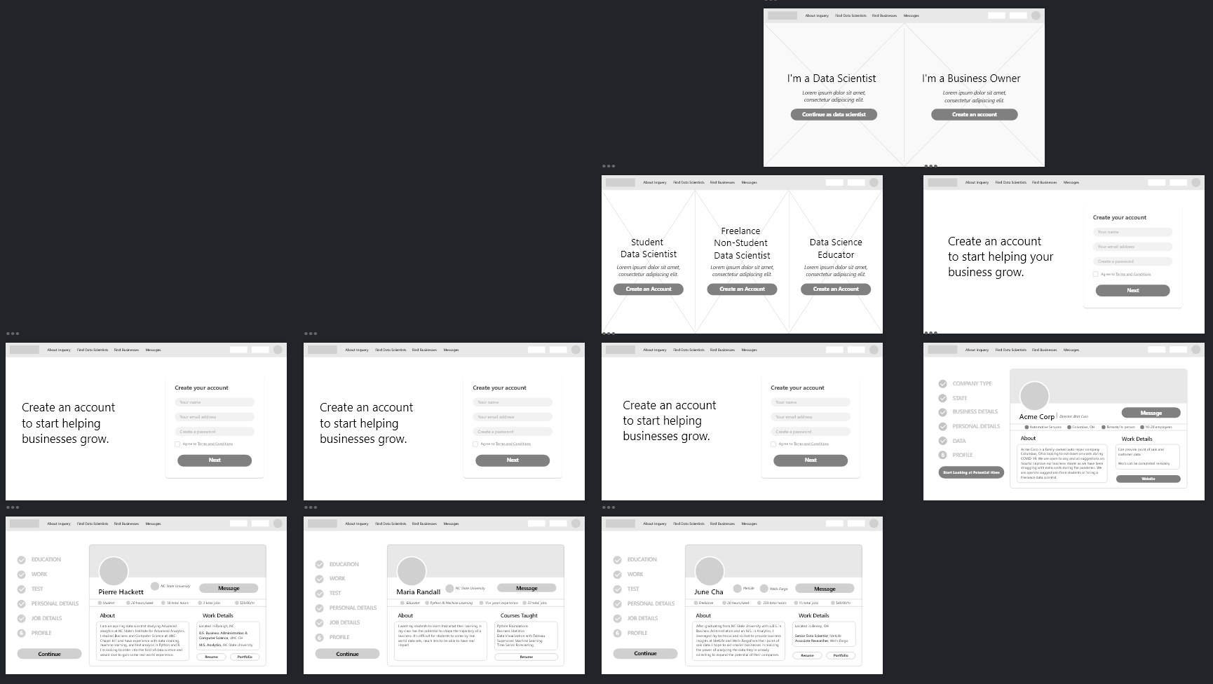 Inquery wireframes